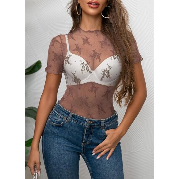 🆕Women's Brown Polyamide Mesh Sheer Long Sleeve Mock Neck Sexy Lace Blouse - Picture 2 of 6
